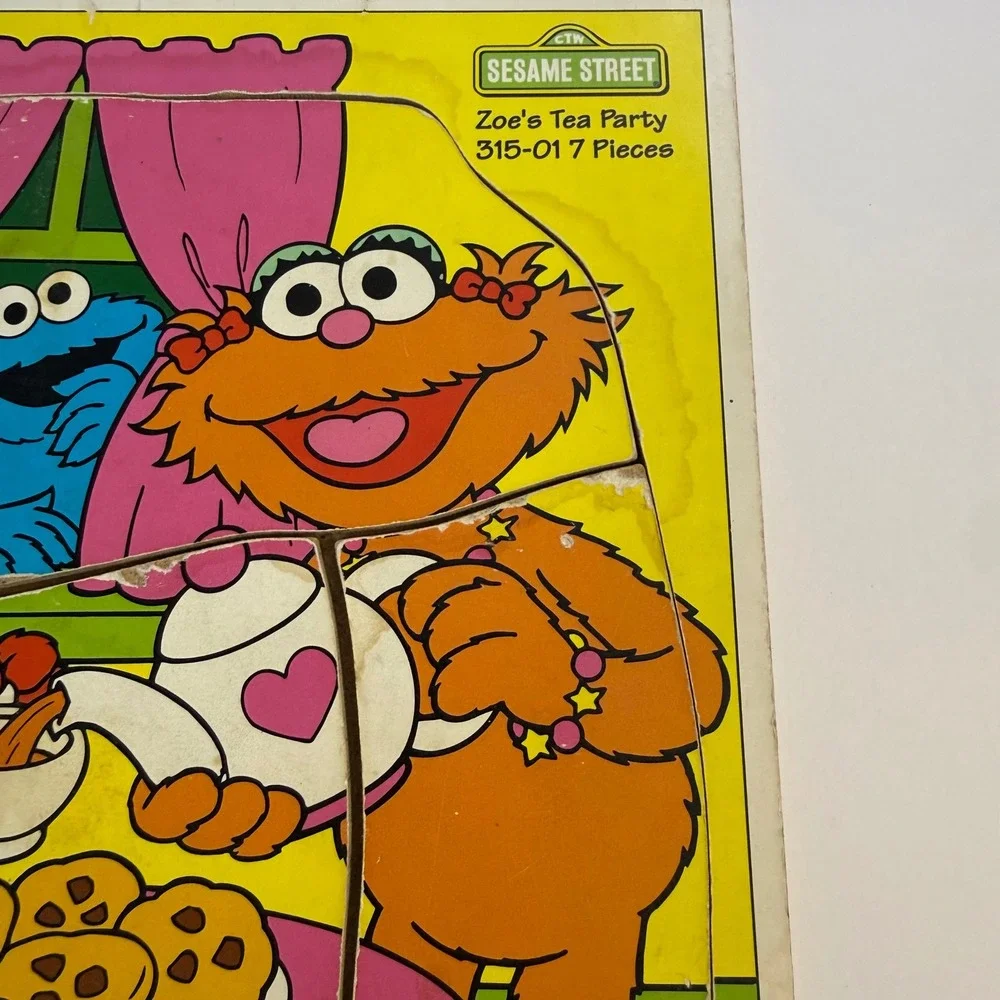 Vintage 90s 1994 Playskool Sesame Street Zoe's Tea Party Wooden Tray Puzzle Elmo